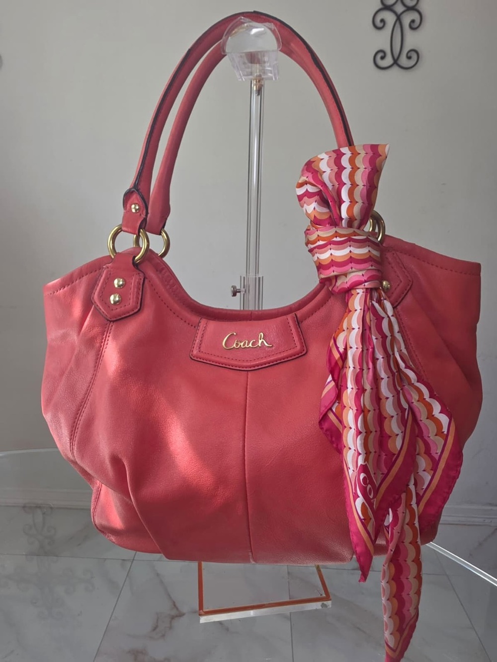 Coach Coral-Pink Leather Shoulder Bag with Scarf Accent